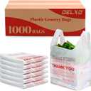 Delxo Grocery Bags Thank You Plastic T-Shirt Bag (1000 Count), White Supermarket Shopping Bags with Handles for Restaurant, Retail, To Go, Takeout, Convenience Stores 11.5 x 6.5 x 21 In