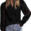 MASCOMODA Women's Tops Dressy Casual Fall Puff Long Sleeve Eyelet Button Shirts V Neck Lace Embroidered Hollow Out Work Blouse (X-Large, Black)