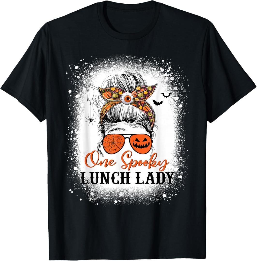 One Spooky Lunch Lady Halloween Fall Messy Bun Sunglasses T-Shirt S