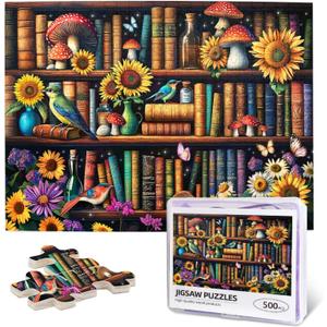 Vintage Wildflower Book Jigsaw Puzzles for Adults 500 Pieces Bird Sunflower Books Pages Puzzle Retro Bookshelf Wooden Puzzle Blossoming Wildflowers Literary Theme Books Puzzles for Book Lovers