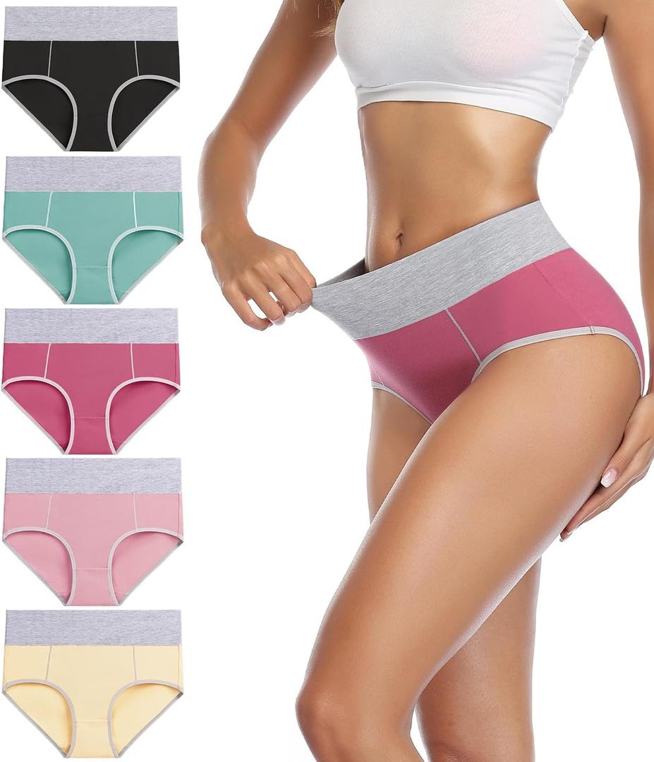 wirarpa Women's Cotton Underwear High Waist Stretch Briefs Soft Underpants Ladies Full Coverage Panties 5 Pack (X-Large, Black, Pink, Yellow, Fuschia, Mint)