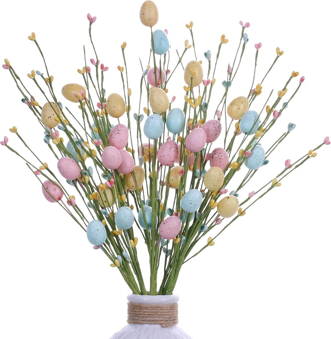 Easter Picks,6 Pack Easter Egg Picks Artificial Easter Berry Stems Easter Picks and Sprays Rustic Easter Decorations for Easter Home Decor and Flower Arrangement(Pink/Yellow/Cyan)
