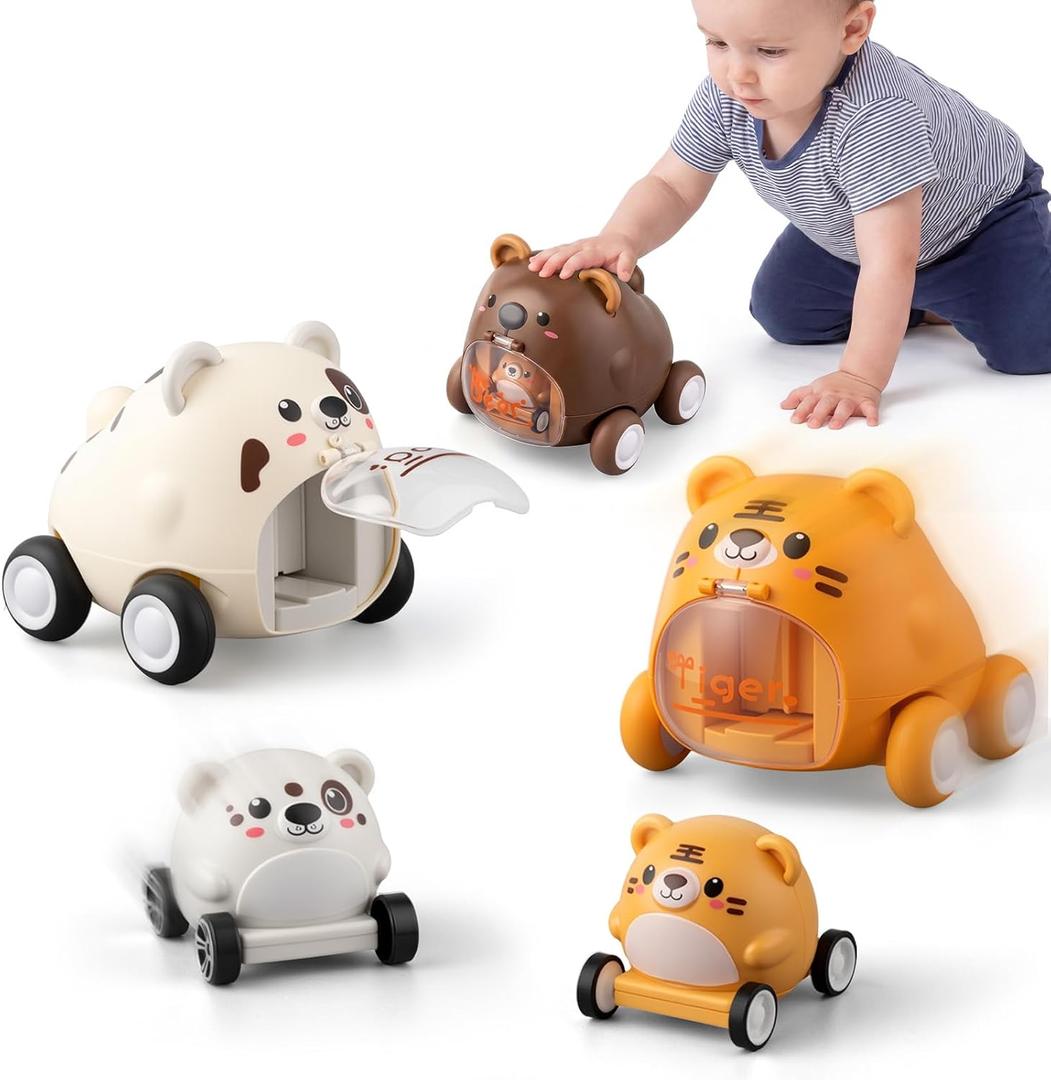 3 Pcs Animal Push and Go Cars Set, Press to Go Car Toys for Toddler, Friction Powered Double-layer Interactive Vehicles for 1-5 Year Old Boy Girl Gifts, Birthday Party Favor Goodie Bag Stuffers
