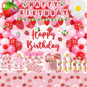 ZOYVUX Strawberry Birthday Decorations, Berry Party Decorations Including Balloon Arch Banner, Tablecloth, Backdrop, Cake Topper, Balloons, Hanging Swirls, Plates, Cups For Strawberry Themed Party