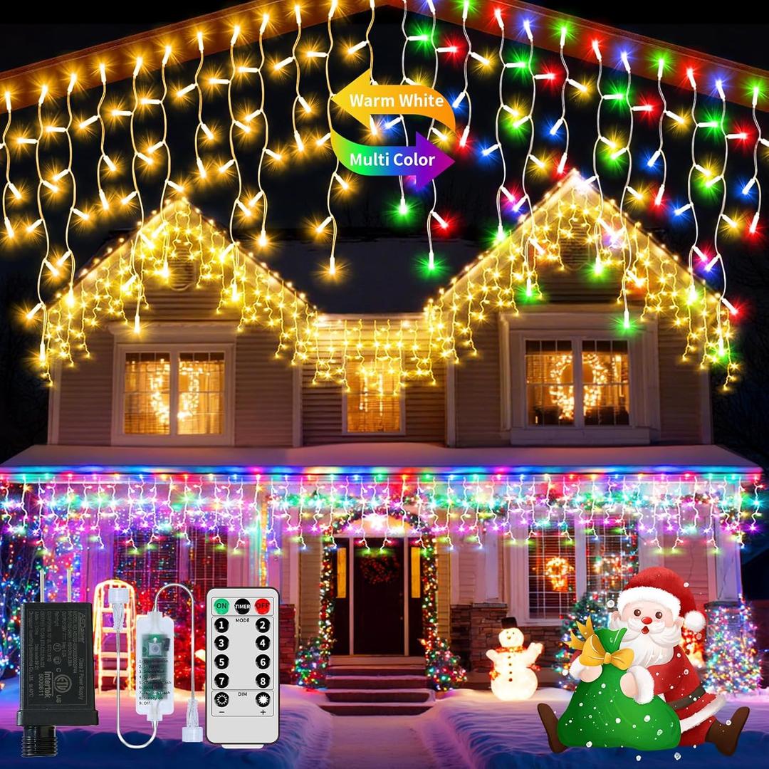 XZAI 800LED 50FT, Icicle String Lights, Plug-in, Multi-Color & Warm White, Christmas Party Decors, Connectable, Memory, Remote, 8 Modes, Timer, Dimmable, IP65 Waterproof, Hanging for Outdoor & Indoor