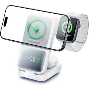 GUSGU 3-in-1 Charging Station for MagSafe Wireless Charger Clock, LED Screen with Power Display, 15W Fast Charging, Compatible with iPhone 17/Air/16/15, iWatch Ultra 3, AirPods Pro 3, White