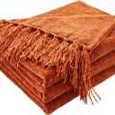 CozeCube Chenille Throw Blanket for Couch, Cozy Plush Fuzzy Decorative Rust Orange Blanket with Fringe Tassels, Lightweight Throws for Bed Sofa Gift Home Decor, 50"X60"