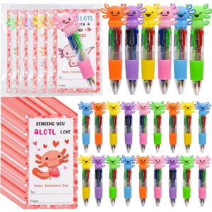 LiYiQ 24 Sets Valentine's Day 4-in-1 Ballpoint Pens with Positive Cards Exchange Gifts Bulk Axolotls Team Gifts for Axolotl Lover Classroom Prizes Goodie Bags Stuffers