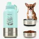 34oz Dog Water Bottle, Stainless Steel Dog Water Bottle Dispenser with Detachable Food & Water Bowls, Keeps Water Hot/Cold, for Walking, Hiking, Camping(Pale Blue)