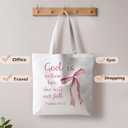 Coquette Pink Bow Christian Tote Bag, God Is Within Her She Will Not Fall Bible Canvas Tote Bags for Women, Preppy Religious Reusable Grocery Shopping Bags
