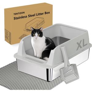 TENTIZON Large Stainless Steel Cat Litter Box, Open Top Metal Kitty Litter Tray with High Sides, Litter Mat, Scoop for Indoor Cats, Kitten,Big Cats, No Odor, No Mess, Leak Proof, Easy Clean