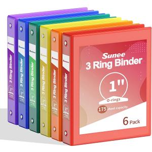 SUNEE 1 Inch Binders 3 Ring 6 Pack, Clear View Three Ring Binders PVC-Free (Fit 8.5x11 Inches) for School Binder or Office Binder Supplies, Classic 6 Colors