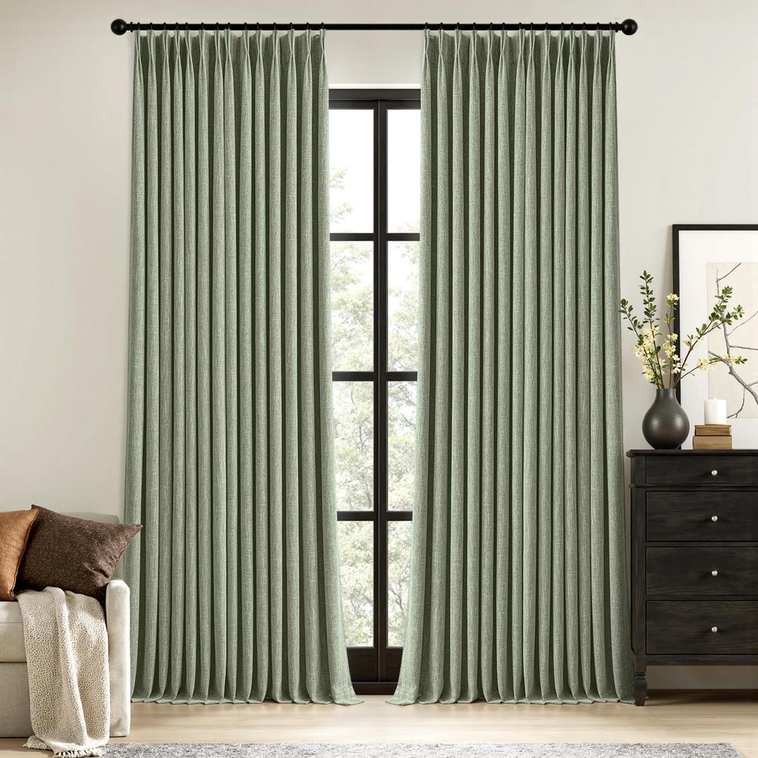 MIULEE Sage Green Pinch Pleated 100% Blackout Linen Curtains 96 Inch Length 2 Panels Set, Black Out Memory Trained Pleat Curtains Light Blocking Room Darkening Drapes for Bedroom Living Room Window