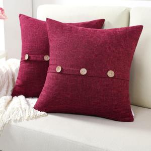 FUTEI Burgundy Linen Decorative Throw Pillow Covers 16x16 Inch Set of 2, Square Cushion Case with Vintage Button/Zipper,Modern Farmhouse Home Decor for Couch,Bed