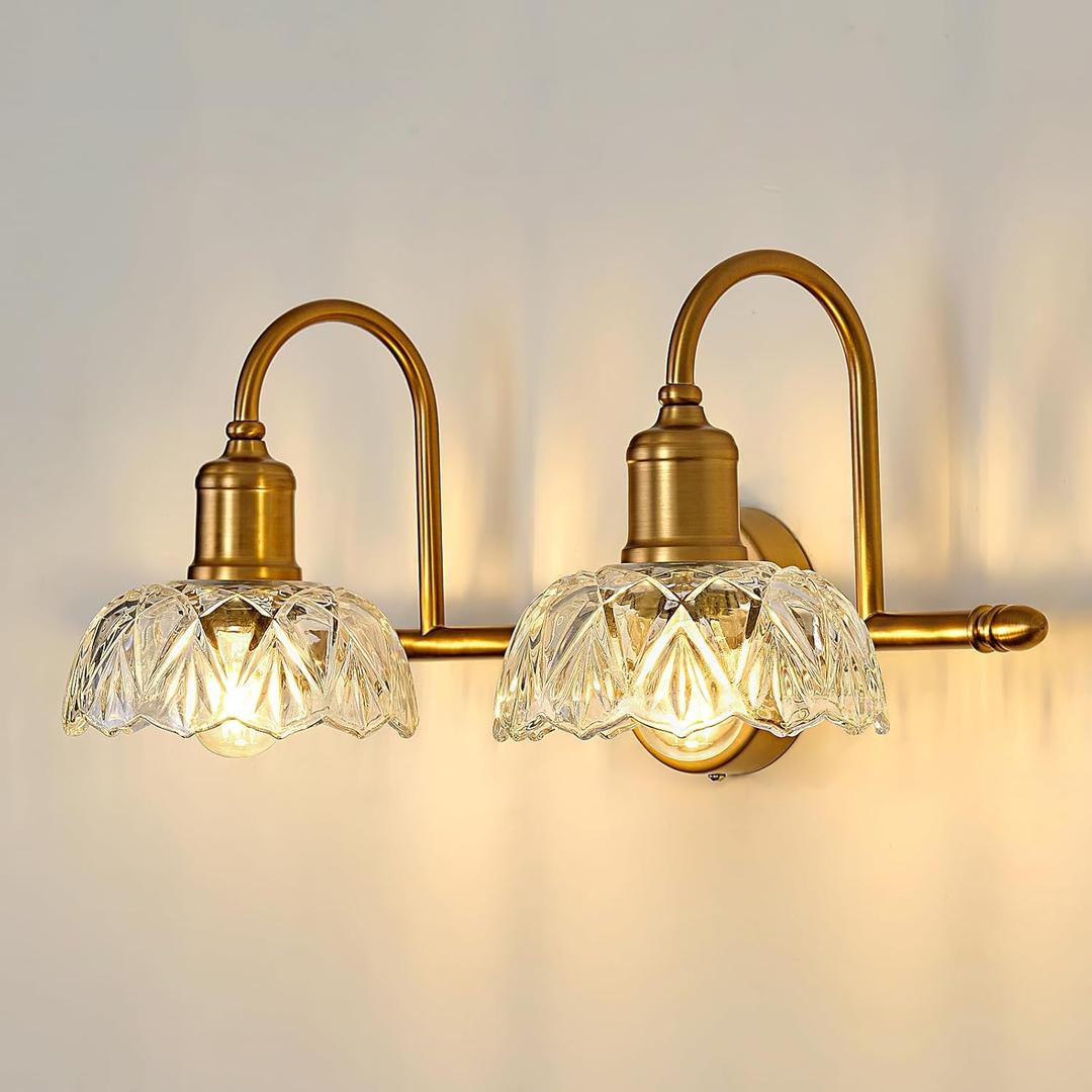 UOFUS Vintage Bathroom Light Fixtures Gold Bathroom Vanity Light Matte Antique Brass 2-Light Wall Sconces Lighting for Bedroom Living Room Hallway