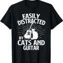 Easily Distracted By Cats And Guitar - Music Animal Lover T-Shirt, 2XL
