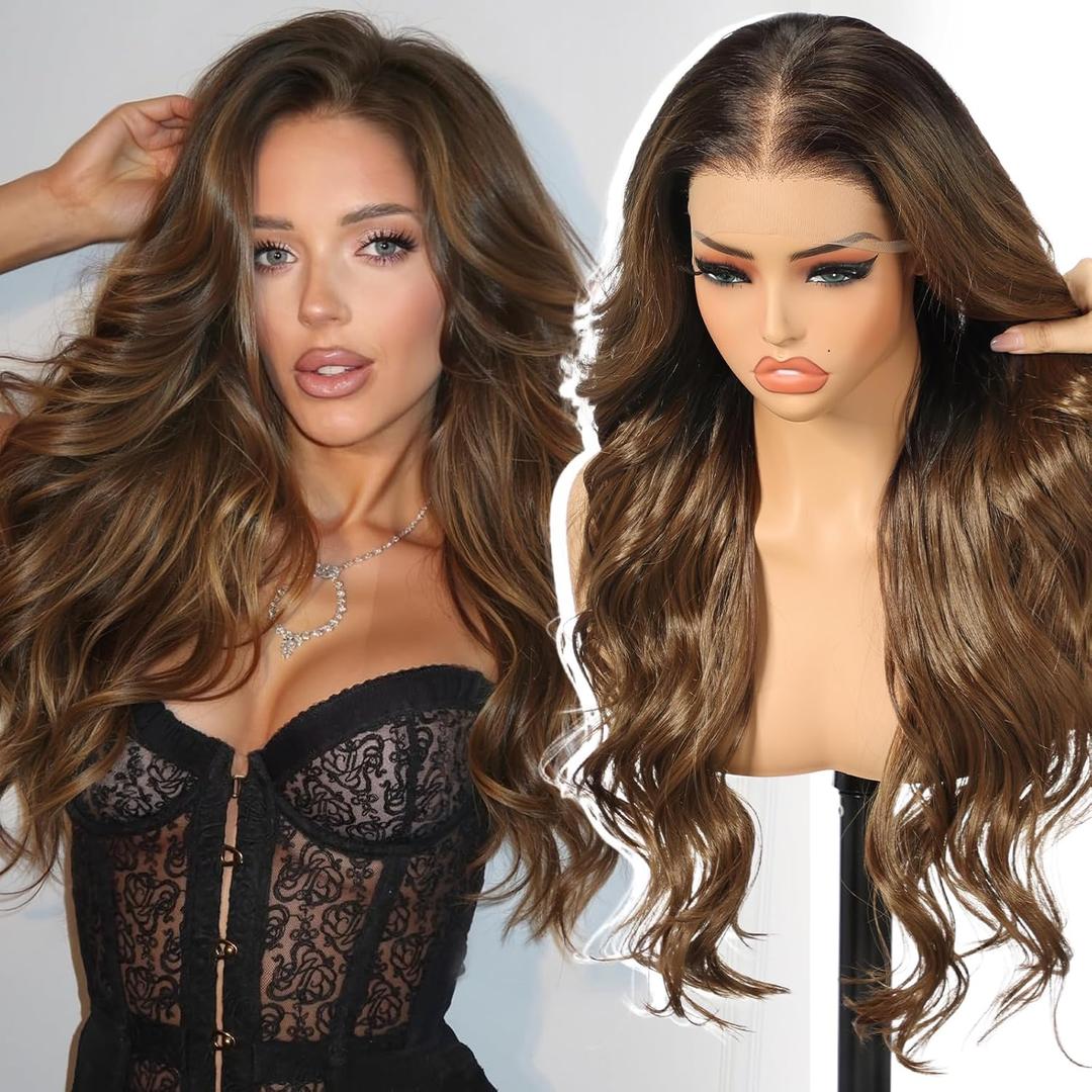 KOME Ash Brown Highlight Synthetic Lace Front Wig,136 Balayage Curly Meshless Glueless Wigs for Women