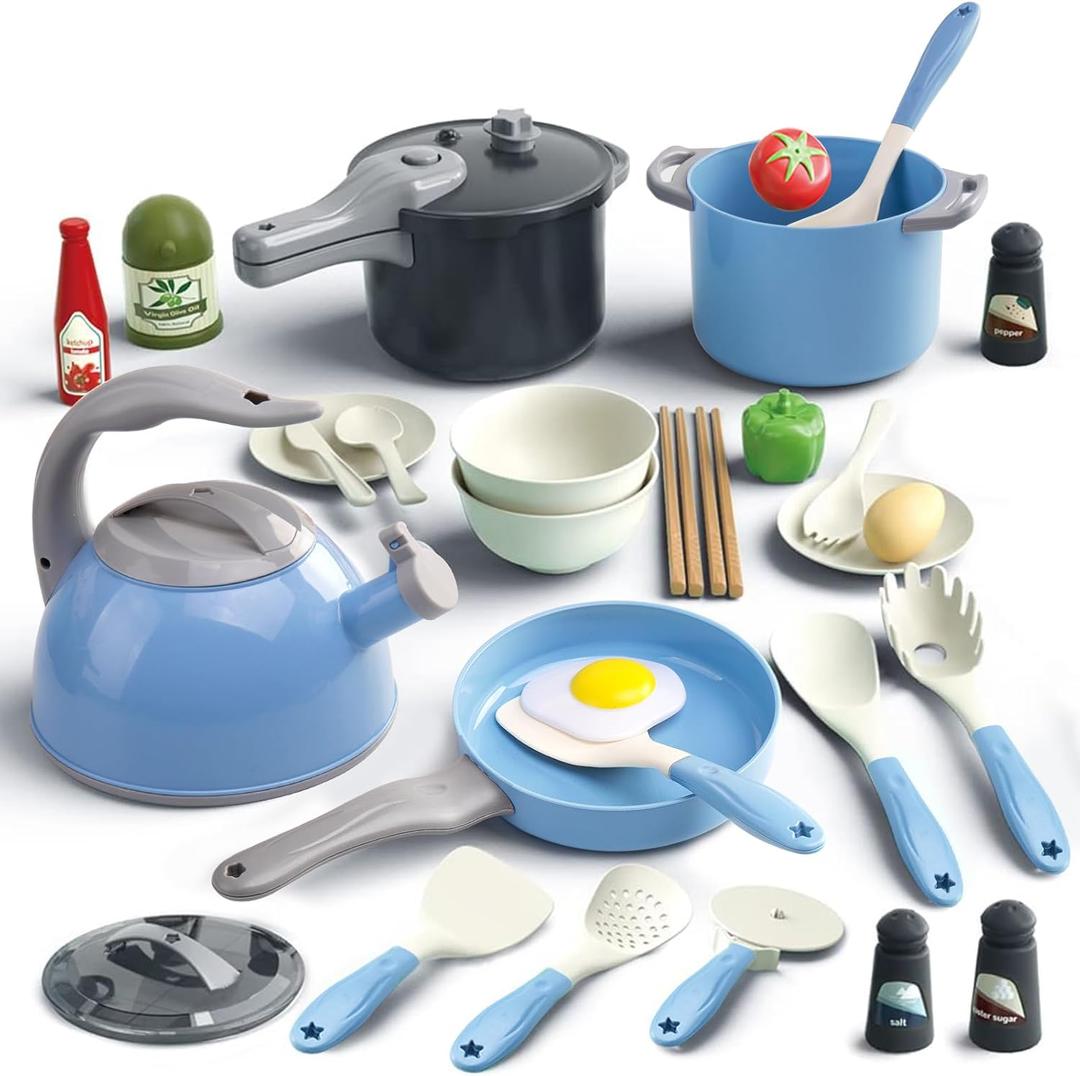 Bruvoalon 32Pcs Kids Play Kitchen Toys Set, Toddlers Pretend Cooking Playset Acccessories with Pots Pans, Utensils Cookware, Foods, Canned Veges, Learning Gift for Kids Girls Boys (Blue)