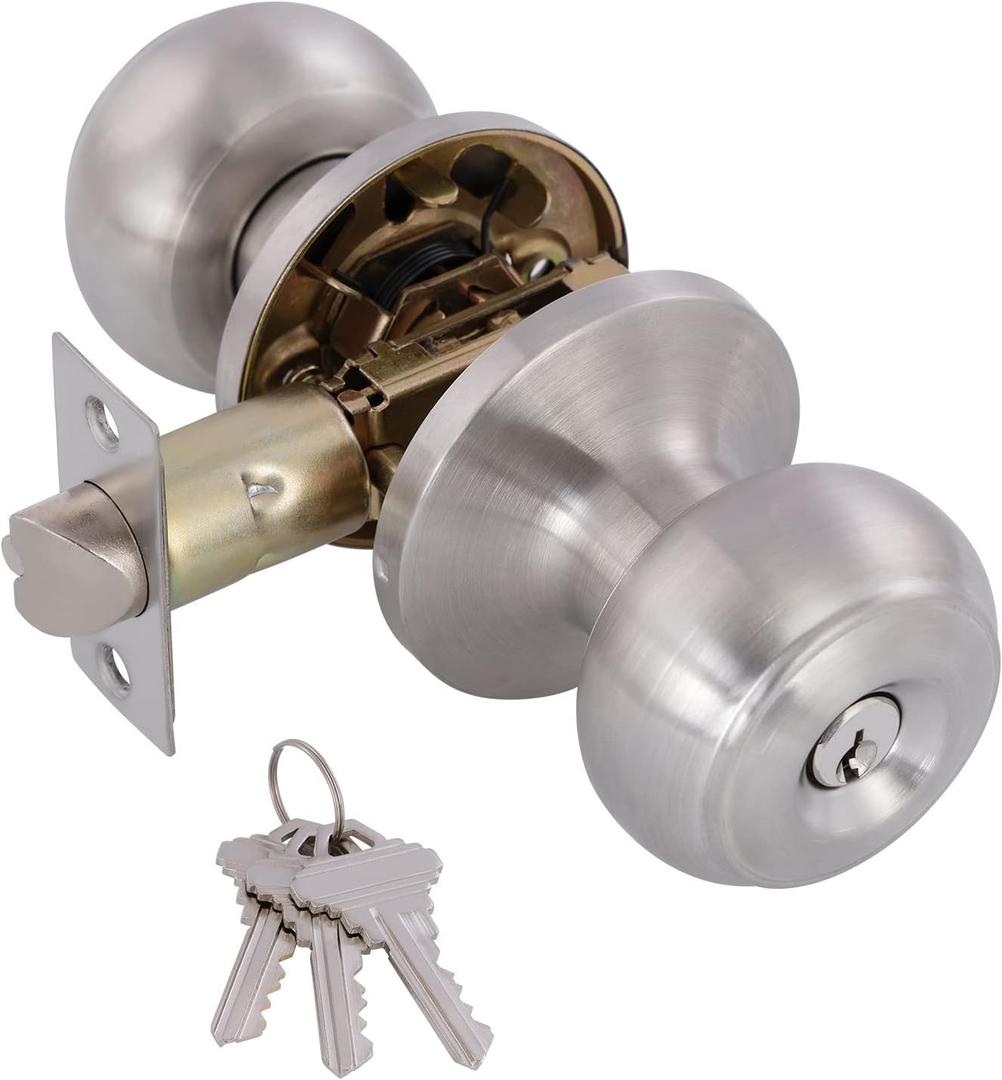 Door Knobs Interior Keyed Difference Entry Front Bedroom Doorknobs with Lock Flat Ball Handle Lock Sets in Satin Nickel (1)