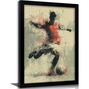 Framed Vintage Soccer Wall Art, Vintage Football Player Canvas Print, Dynamic Soccer Action Poster with Solid Wood Frame, Retro Sports Wall Decor for Boys Bedroom Bar, 16"L x 24"W