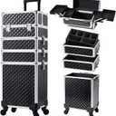 Stagiant Rolling Makeup Case Cosmetology Case on Wheels 4 in 1 Large Cosmetic Organizer Train Case Makeup Travel Case with Key Swivel Wheels Nail Artist Salon Storage Traveling Cart Trunk Black