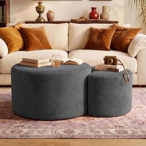 BSHOMGI Boneless Ottoman Nesting Coffee Table Set of 2,Corduroy Soft Foot Rest Movable LargePouf Footstool for Living Room Sofa Couch Bedroom Entryway and Small Spaces No Assembly (Dark Gray), 32" + 17"