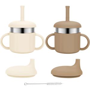 Baby Sippy Cups, 7.4 Oz 3 Stages Training Straw Cups for Infants Toddlers 6-12 Month and Kids 1-3 Year, Stainless Steel Kid Cups with Silicone Straws (Beige+Brown)