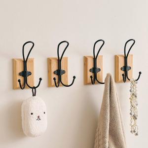 4 Pack Farmhouse Towel Hooks for Bathrooms, Heavy Duty Adhesive Mounted & Wall Mount Rustic Farmhouse Decorative Wood Wall Hooks for Hanging Towel Robe Coat (Bamboo)