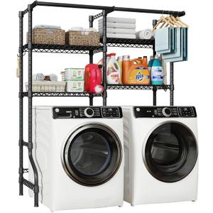 ULIFHOME U14 Over Washer and Dryer Storage Shelves, 4 Tiers Laundry Room Storage and Organizer System, Space Saving Clothes Drying Rack with 2 Clothes Hanger Rods, 66.5" W x 20.5" D x 77.4" H, Black