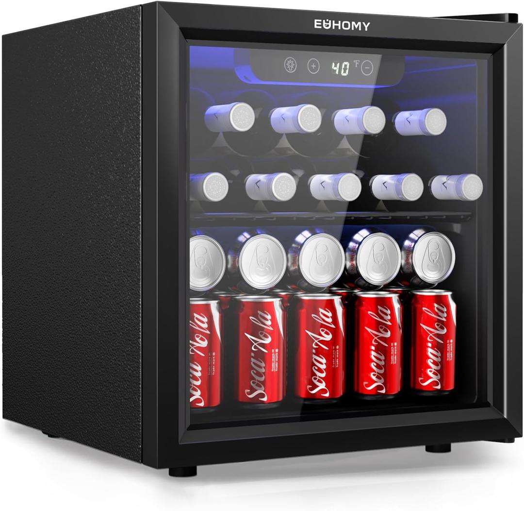 EUHOMY 48 Can Beverage Refrigerator cooler-Mini Fridge Glass Door for Beer Drinks Wines, Countertop Beverage Fridge with Adjustable Shelves Blue LED for Home/Office/Dorm/Bar, 1.3 cu.ft