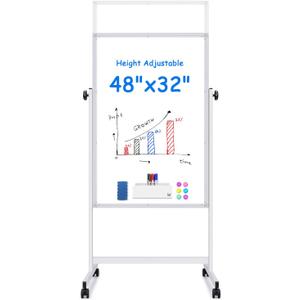 Maxtek Rolling White Board 48 x 32in,Height Adjustable Whiteboard on Wheels