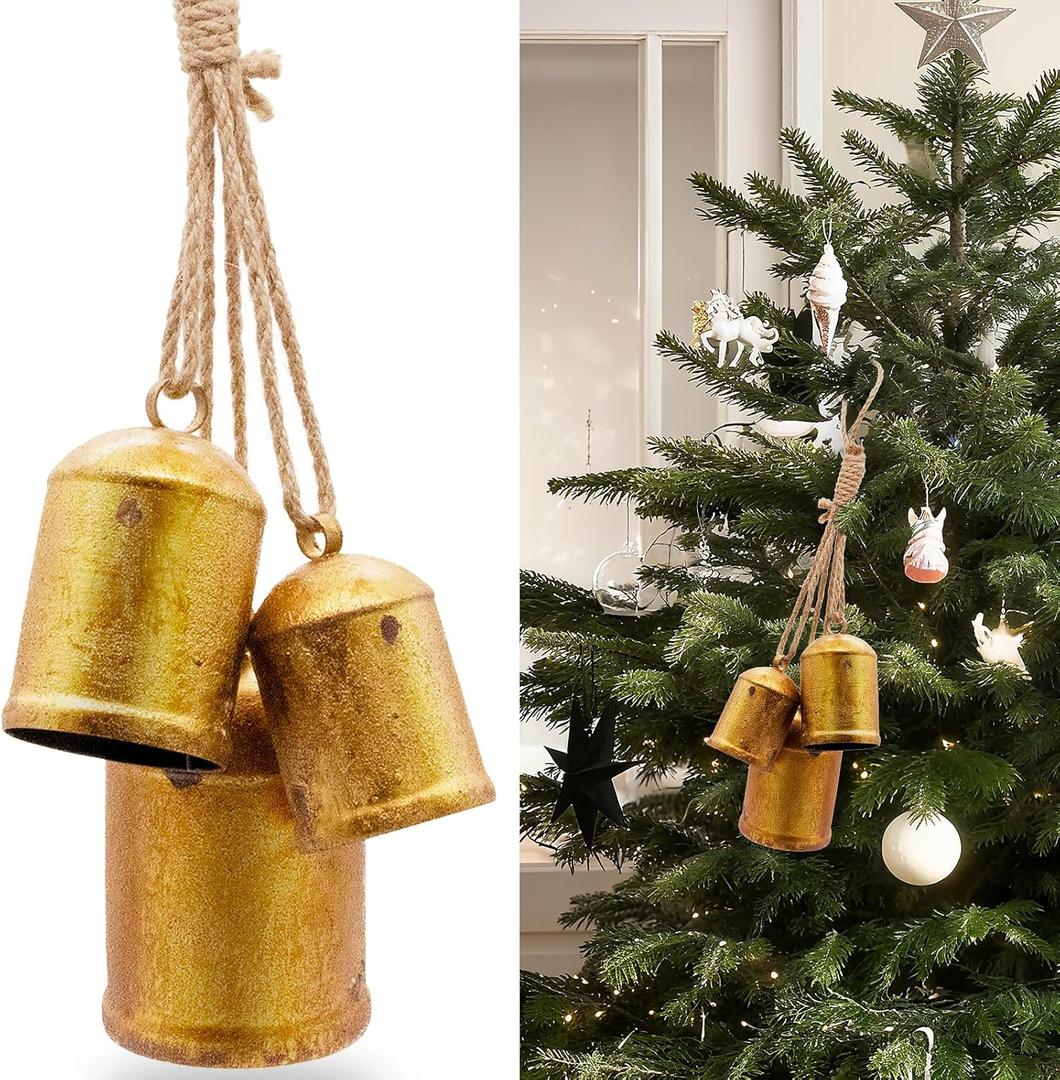 Christmas Bells for Decoration, Decorative Bells, Set of 3 Harmony Cow Bells, Metal Vintage Handmade Rustic Hanging Bells with Jute Hanging Rope, Gold