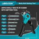 LIBRATON Molly Bolts for Drywall & Plaster Walls (0.12"-1.52"), 30PCS in 6 Sizes with Setting Tool, Heavy Duty Hollow Wall Metal Anchors Screws Kit, Holds Up to 65lbs, for TV, Shelf, Mirror
