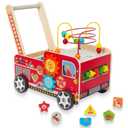 Wooden Baby Walker with Bead Maze for 1 Year Old and up, Wood Push Toy for 12 Month, Toddle Cart with Blocks