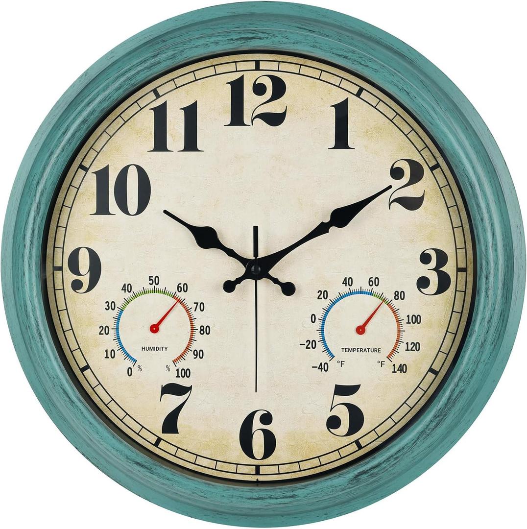 zyzamay 16 Inch Green Vintage Indoor/Outdoor Wall Clock with Thermometer & Hygrometer & Waterproof, Large Silent Sweep Numerals, Perfect for Porch, Garden, Pool