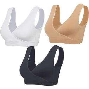 Lemef Nursing Sleep Bras Wirefree Maternity Breastfeeding Bras 3 Pack (Medium, Black&beige&white)