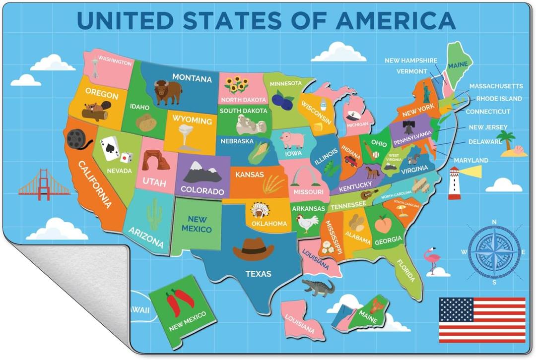 COMIX Magnetic Dry Erase Board, Educational Jigsaw Puzzle Board for Kids, 26" x 17" Adhesive 42 State USA Map Puzzle for Kids at Home Student Classroom