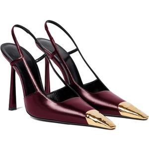 THESHY Womens Slingback High Heels Metal Pointed Toe Leather High Stiletto Heel Pumps Slip on Elastic Strap Fashion Dress Shoes for Women Burgundy