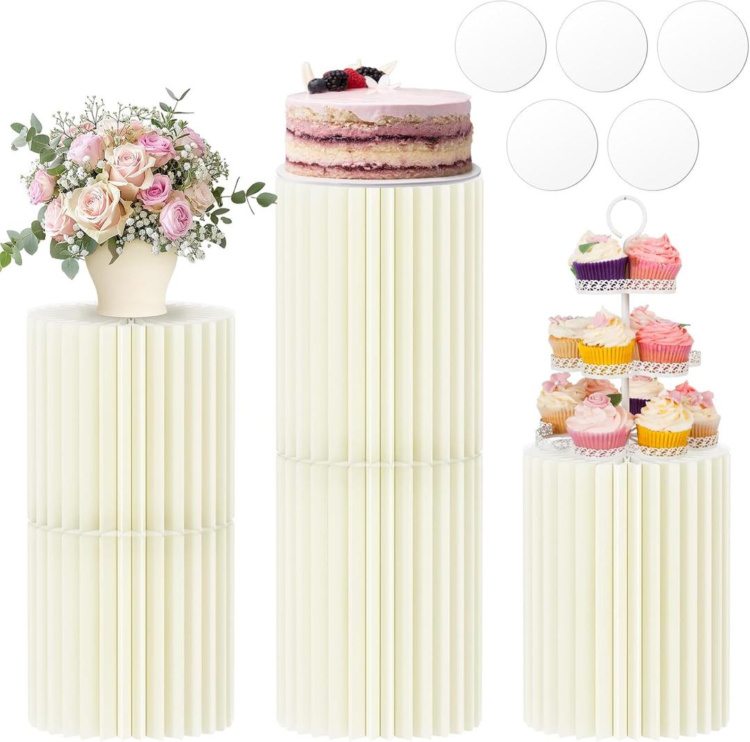 Cylinder Stands for Party,5 Pcs Paper Cylinder Pedestal Stand with Acrylic Disc Foldable Round Pillars Pedestal Cake Stands for Wedding Party Decor (White)