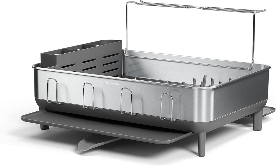 simplehuman Large Capacity Dish Drying Rack with Stainless Steel Frame, 360 Easy Drain Swivel Spout, Utensil & Wine Glass Holder, Anti-Residue Coating, Moisture Control Surface, Grey (Full-Size (20'' X 22.3'' X 11.5''), Gray)