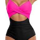 Eomenie Women's One Piece Swimsuits Tummy Control Cutout High Waisted Bathing Suit Wrap Tie Back 1 Piece Swimsuit Hot Pink Black M