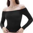 SUUKSESS Women Padded Off The Shoulder Tops Ribbed Long Sleeve Shirts Fall Basic (Large, Black)