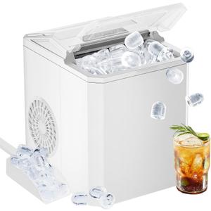 DUMOS Portable Ice Maker for Countertop, 26.5lbs/Day, Fast Ice Making in 6 Mins, 9 Bullet Ice Cubes, 2 Ice Sizes, Self-Cleaning Quiet Compact Ice Machine for Home, Kitchen, White