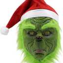 CAFELE Christmas Mask with Red Hat Green Monster Halloween Christmas Party Cosplay Costume for Men Women