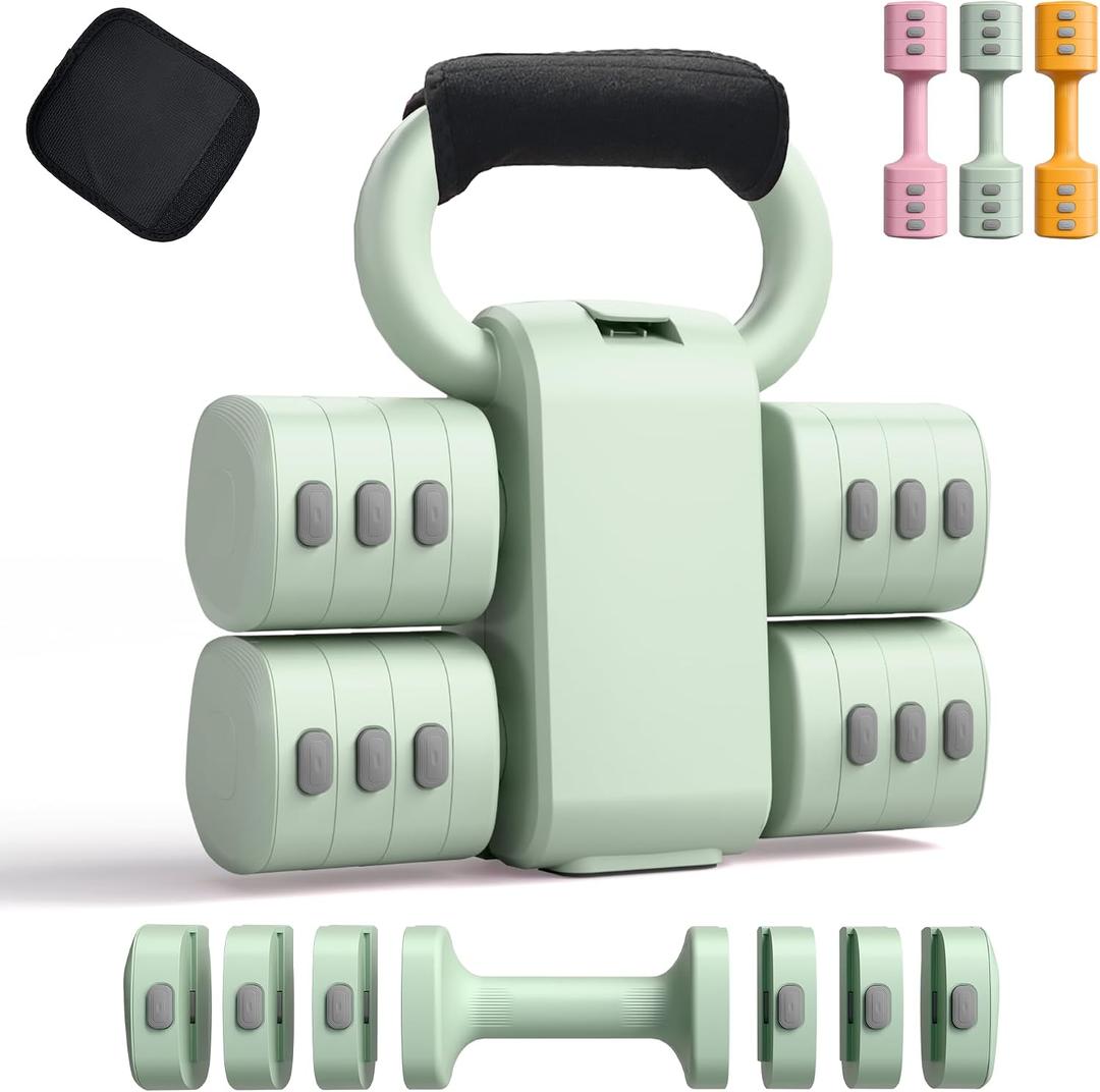 2-in-1 Adjustable Dumbbell Set for Women - 4 Levels (2.2lbs to 12.1lbs) - Home Gym Weights for Women at Home - Fitness Dumbbells, Green 