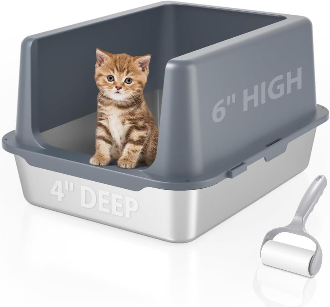 Litter Box with Lid, Stainless Steel Cat Litter Box, 10" High, Grey