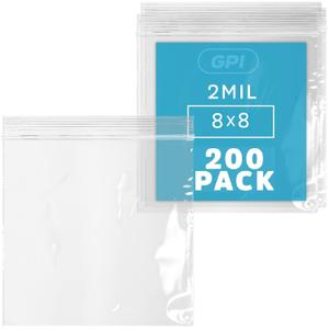 GPI - 8" X 8", 200 Count, Clear Plastic Reclosable Zip bags, Large, Bulk 2 Mil Thick Strong & Durable Poly Baggies with Resealable Zip Top Lock for Travel, Storage, Packaging & Shipping.