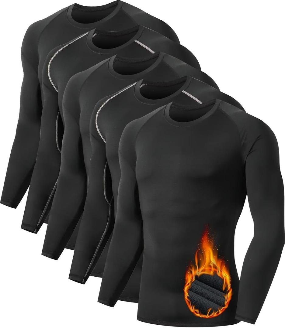 5 or 4 Pack Men's Thermal Compression Shirt Fleece Lined Long Sleeve Athletic Base Layer Cold Weather Gear Workout Top (Medium, 5 Crew Neckblack and Gary)