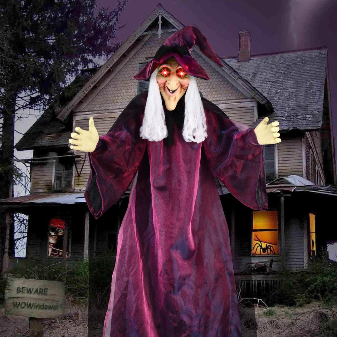 71" Life Size Hanging Talking Witch Halloween Decor, Evil Witch, Sound Activation and Red Eye for Outdoor & Indoor, Halloween Decoration Realistic Creepy Party Decor
