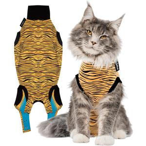 Suitical Cat Recovery Suit for Spay, Neuter, Suture, Incision, & Skin Conditions - Breathable Fabric with Back Opening - 16.9-20.1 Inches Neck to Tail, 23-34 Inches Chest - S, Tiger Print